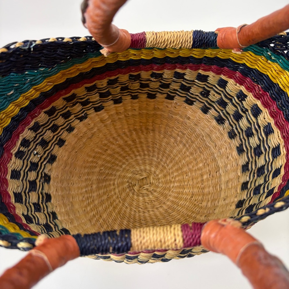 Handwoven Artisan Bolga Bag Small Leather Handle Shopper Tote Green Black Yellow - Picture 3 of 6